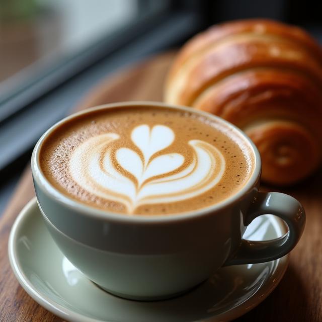 A beautifully prepared latte with art alongside a fresh croissant.