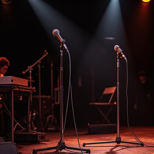 The intimate stage setup with microphones and instruments ready for a show.
